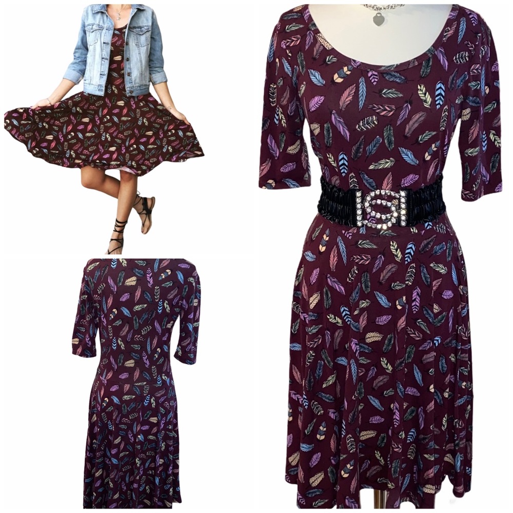 LuLaRoe Burgundy Feather Nicole Fit & Flare Dress